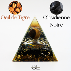 Orgonite pyramide Oeil de Tigre et Obsidienne Noire Arbre de Vie & Spirale