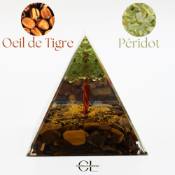 Orgonite pyramide Oeil de Tigre & Péridot Arbre de Vie
